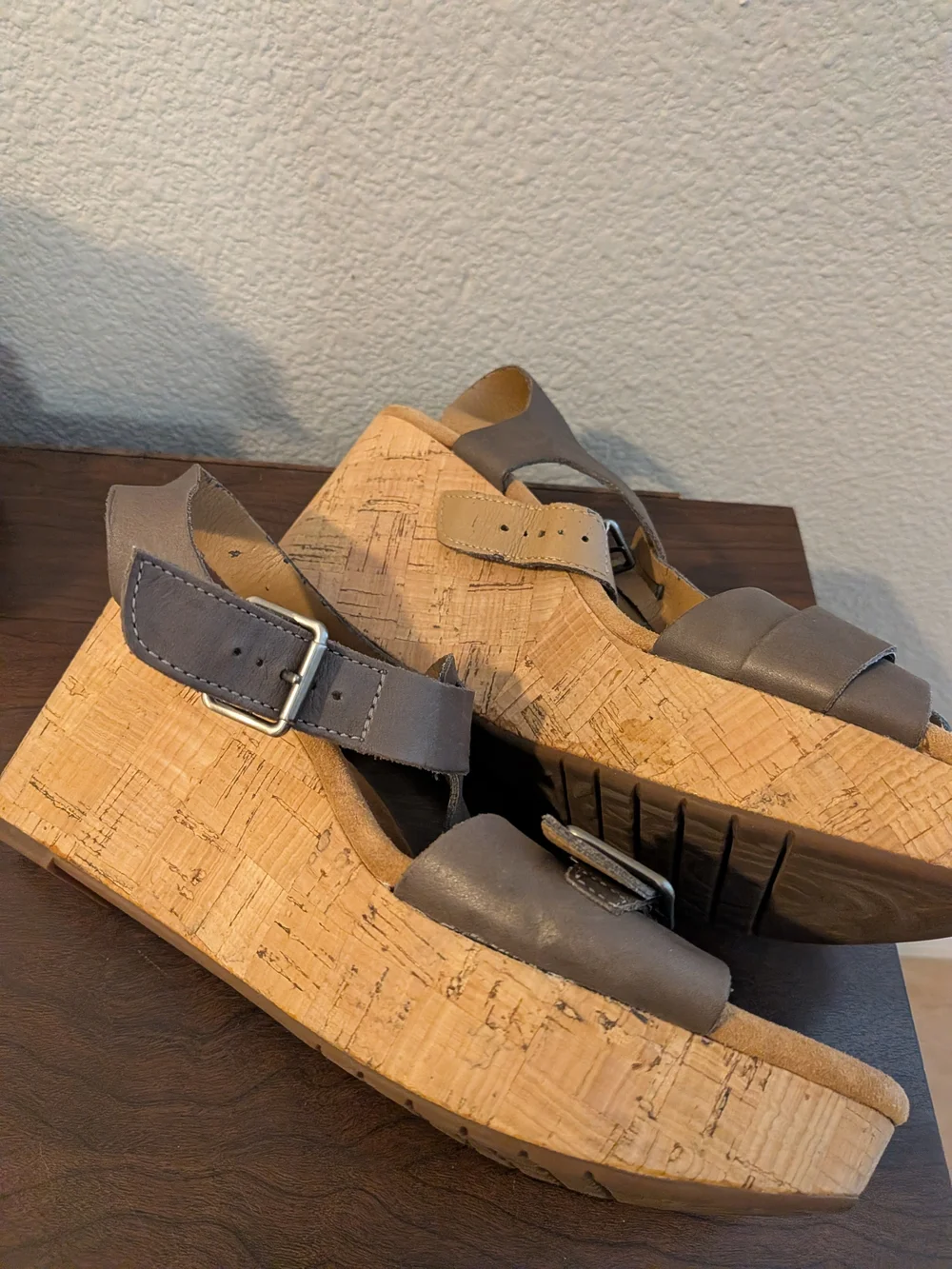 Clarks Artisan Brown Leather Strappy Sandals with Cork Wedge